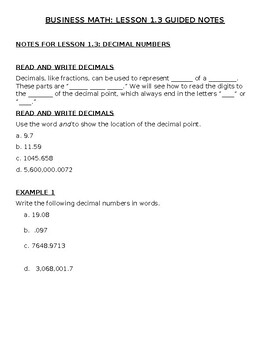 Preview of Business Math Lesson 1.3 Guided Notes