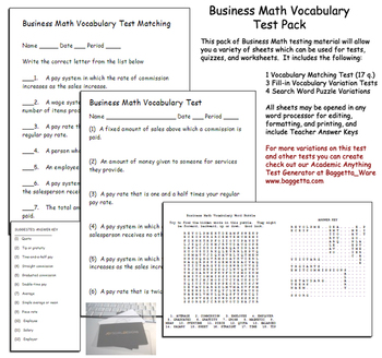 Preview of Business Math Vocabulary Exams Test Pack 1