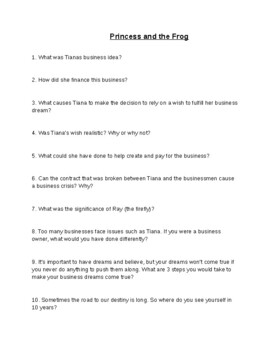 Preview of Business Movie Questions Worksheet: Princess and the Frog