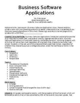 Preview of Business Software Applications High School Syllabus EDITABLE