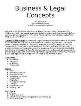 Preview of Business and Legal Concepts High School Syllabus EDITABLE
