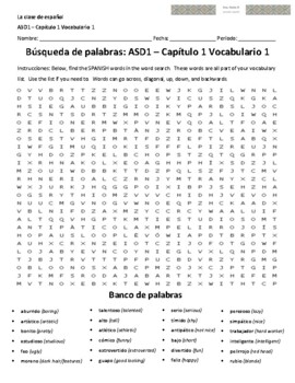 Preview of Búsqueda y Crucigrama (Word Search & Crossword): ASD1 Capítulo 1 Vocabulario 1