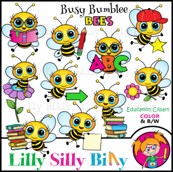 Preview of Busy Bumble Bees. Clipart. BLACK AND WHITE & Color images.