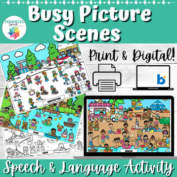 Preview of Busy Picture Scenes Print + Boom Cards™ Speech Therapy Language Activity