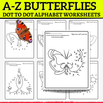 Preview of Butterflies A to Z Letter, Spring Dot to Dots / Alphabet Sheets, April Activity