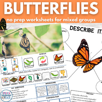 Preview of Butterflies Spring No Prep Worksheets Speech Therapy for Mixed Groups