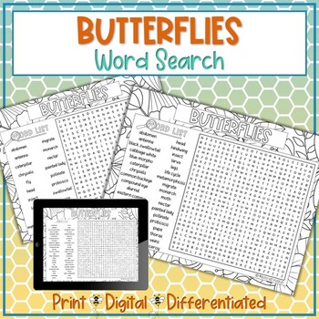 Preview of Butterflies Word Search Puzzle Activity