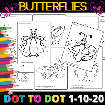 Preview of Butterfly Dot To Dot Coloring Pages -Summer & Spring Activity Number Recognition