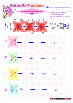 butterfly fractions fraction adding subtracting poster cards worksheets mathfilefoldergames