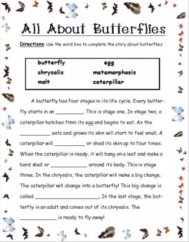 Preview of Butterfly Life Cycle Fill in the Blank