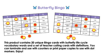 Preview of Butterfly Life Cycle Vocabulary Bingo Game