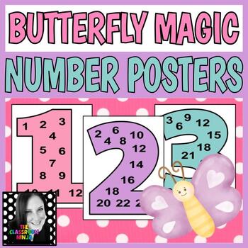 Preview of Butterfly Magic Classroom Decor Skip Counting Number Posters with Multiples