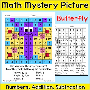 Preview of Butterfly Math Mystery Picture - Color by Number Spring Activity