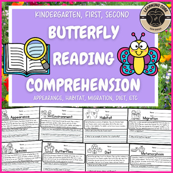 Preview of Butterfly Reading Comprehension Passages Unit Kindergarten First Second Third