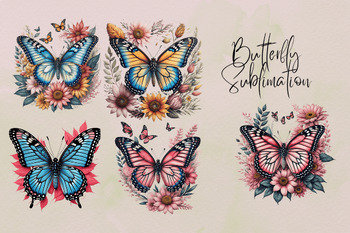 Preview of Butterfly With Flowers Illustration Watercolour Clip Art