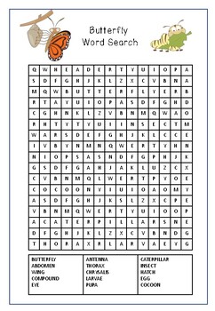 Butterfly Word Search by Learning By The Sea | Teachers Pay Teachers