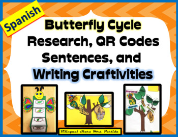 Preview of Butterfly Writing Craftivity Research QR Codes- Sentences Mariposas oraciones