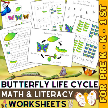 Preview of Butterfly Life Cycle Math and Literacy Worksheets | Spring Activities