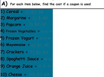 Preview of Buying Food - Applying Coupons to Purchases; Real World Math (SMARTBOARD