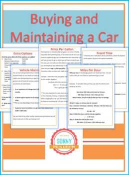 Preview of Buying a Car Consumer Math Activity (Insurance, payment, registration, etc)