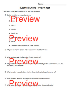 Preview of Byzantine Empire Review Worksheet