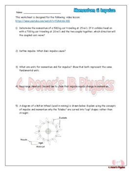 Preview of Momentum & Impulse Worksheet for a Video Lesson