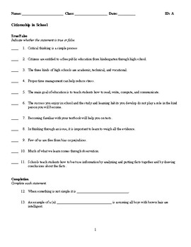 C&E - Citizenship in School - Test by Ron's Secondary School Store