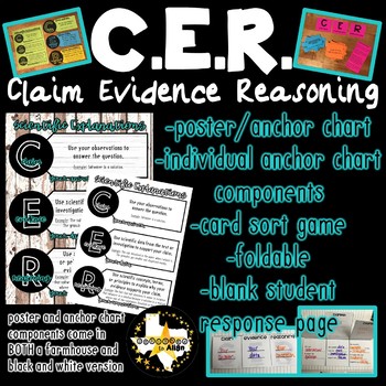 Preview of C.E.R. Claim Evidence Reasoning Anchor Chart, Foldable, Card Sort, and more