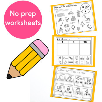 C, K, -CK Spelling Rule Practice Worksheet, Write the Room, Sorting Center