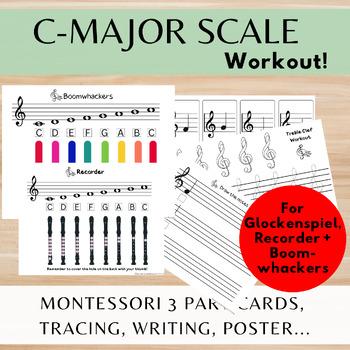 Preview of C-Major Scale/Note+Treble Clef Drawing Practice/Notes on Instruments