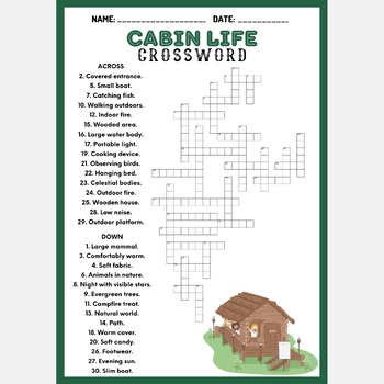 CABIN LIFE crossword puzzle worksheet activity by Mind Games Studio