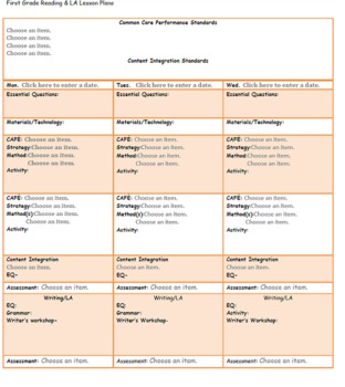Preview of CAFE/Common Core First Grade Reading Lesson Plan Template