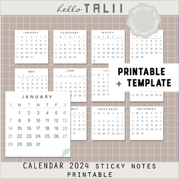 Preview of CALENDAR 2024 STICKY NOTES- PRINTABLE + TEMPLATE