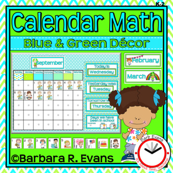 Preview of CALENDAR MATH Year Long Math Activities Blue and Green Theme Classroom Decor