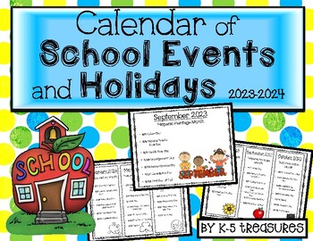 Preview of 2023-2024 CALENDAR Monthly List of Upcoming School Events and Holidays!