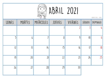 CALENDARIO 2021 MENSUAL (GRANDE) by Profe Javiera V | TPT