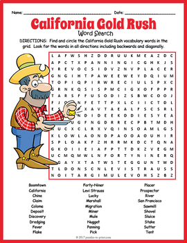 Preview of (4th, 5th, 6th, 7th Grade) CALIFORNIA GOLD RUSH Word Search Worksheet Activity