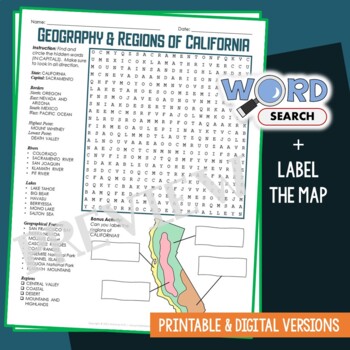 Preview of CALIFORNIA Geography and Regions Word Search Puzzle Map Activity Worksheet