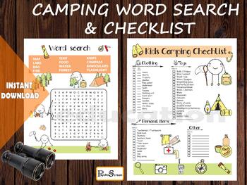 Preview of CAMPING Checklist & Word Search for Kids, Camping Planner and Worksheet, Search