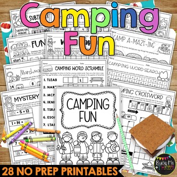 Preview of CAMPING THEME No Prep Fun Worksheets Crosswords Word Search Puzzles Math ELA