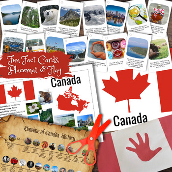 Preview of CANADA Canadian Information Poster, Timeline, Fun Facts Cards, Flag & Flag Craft