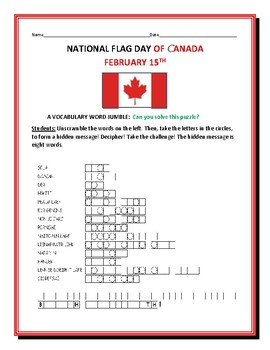 Preview of CANADA: NATIONAL FLAG DAY- VOCABULARY WORD JUMBLE PUZZLE: TAKE THE CHALLENGE!