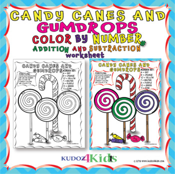 Preview of CANDY CANES AND GUMDROPS COLOR BY NUMBER FOR ADDITION AND SUBTRACTION