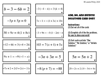 Preview of CARD SORT {Solving Equations with One ,No, and Infinite Solutions}