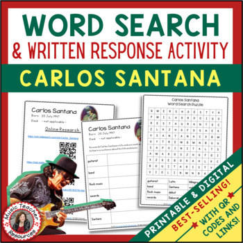 Preview of CARLOS SANTANA Music Word Search and Biography Research Activity Worksheets