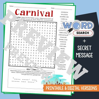 Preview of CARNIVAL Word Search Puzzle Activity Vocabulary Worksheet With Secret Message