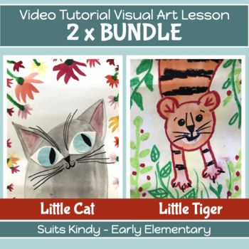 Preview of CAT or TIGER Art project BUNDLE x2 VIDEO GUIDED lesson plans K-2nd grade