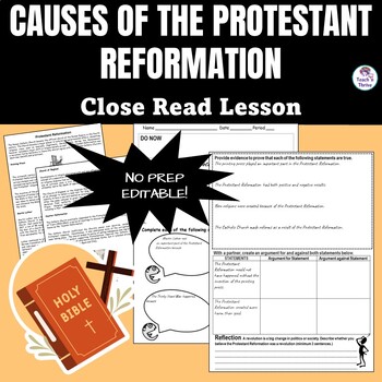 Preview of CAUSES OF THE PROTESTANT REFORMATION Close Read Lesson, EDITABLE