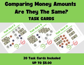 Preview of CBI MONEY MATH: COMPARING MONEY AMOUNTS UP TO $5.00 TASK CARDS