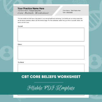 Cbt Core Beliefs Worksheet Editable Fillable Pdf Mental Health